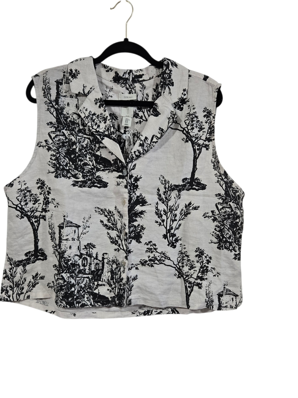 Joie 100% Linen Toile De Jouy Collared Sleeveless Button Up Vest Crop Top XL NEW